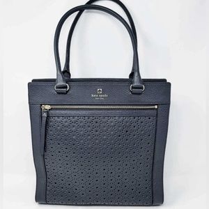 KATE SPADE Lynne Perri Lane Shoulder Bag Floral Perforated Leather Asphalt Blue